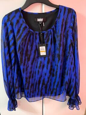 DKNY Blue and Black Sheer Animal-Print Long Sleeve Blouse